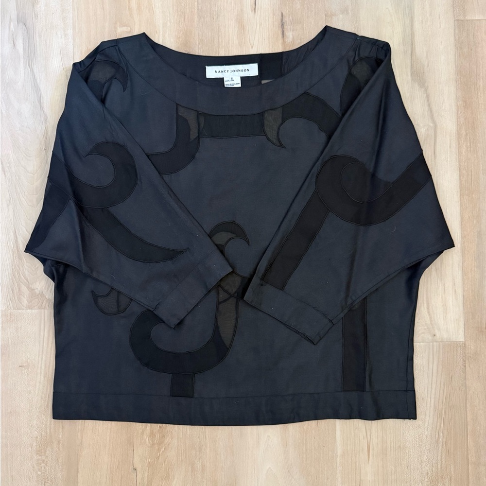Nancy Johnson | Black Sheer Blouse | 100% Silk| Lagenlook, Arttowear| Small